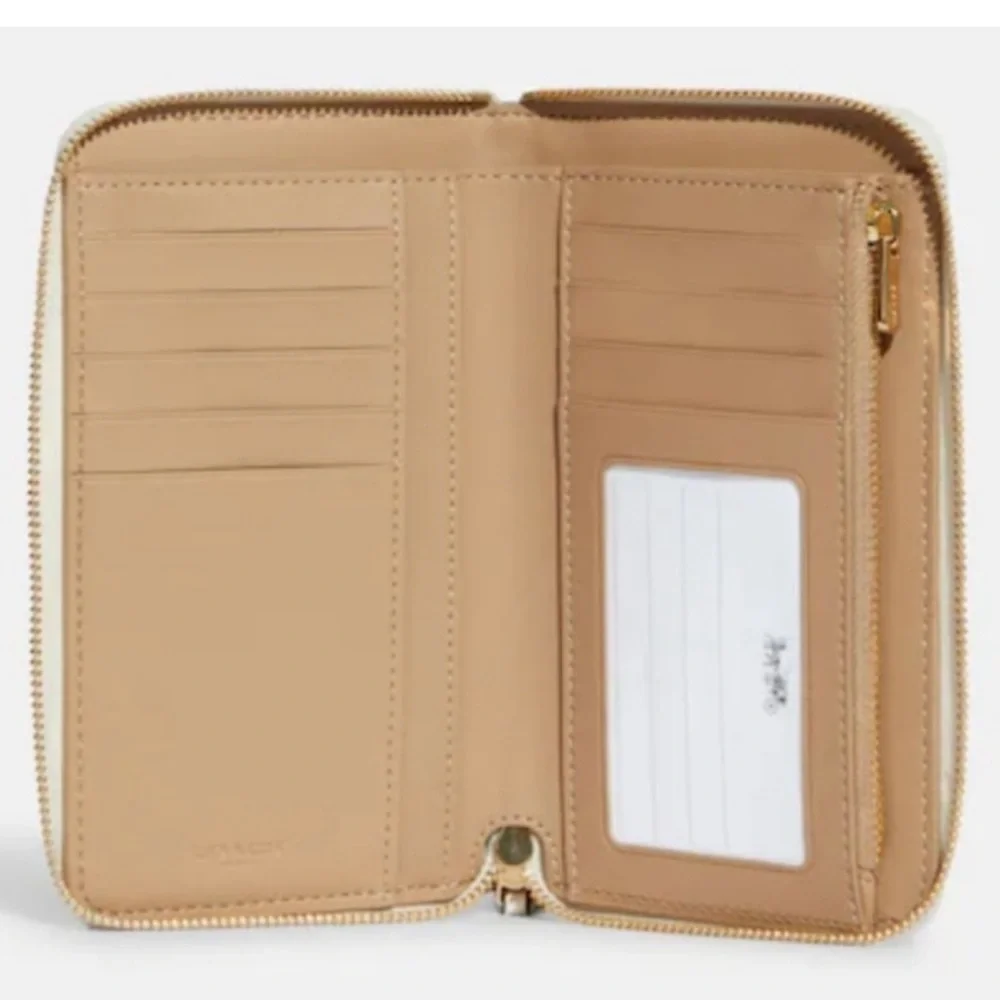 COACH Medium ID Zip Wallet With Diary Embroidery in Gold/ Chalk